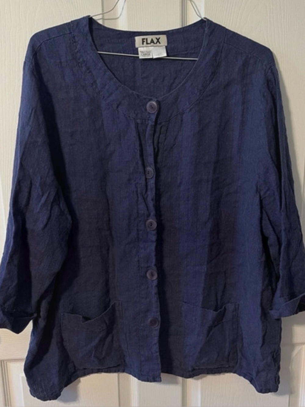 FLAX Navy Linen Button-Front Top